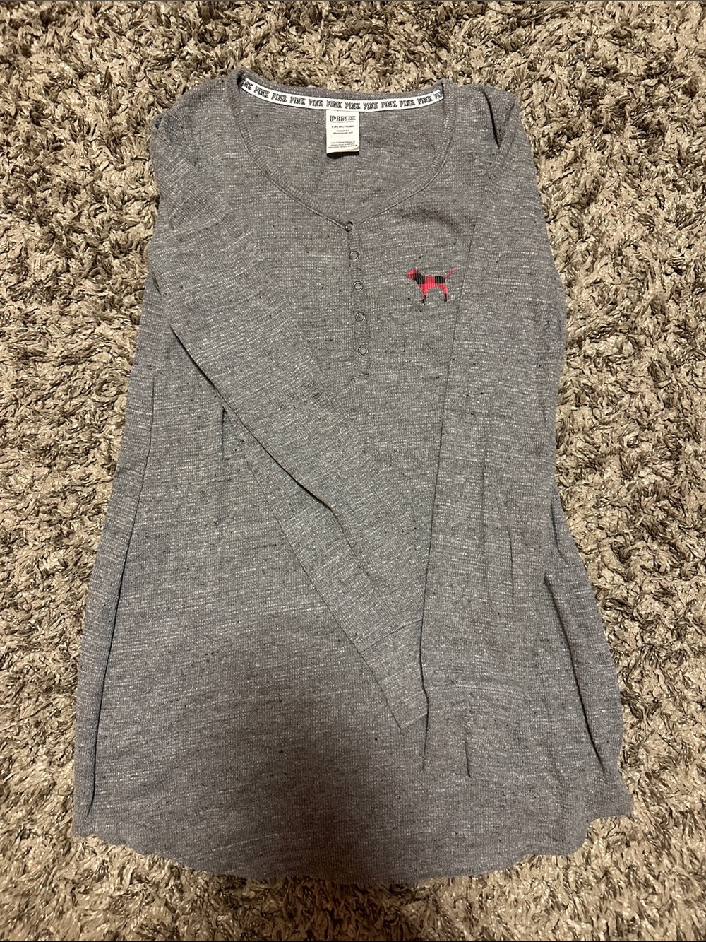 PINK Victoria's Secret Gray Waffle Knit Henley with Pink Plaid Dog